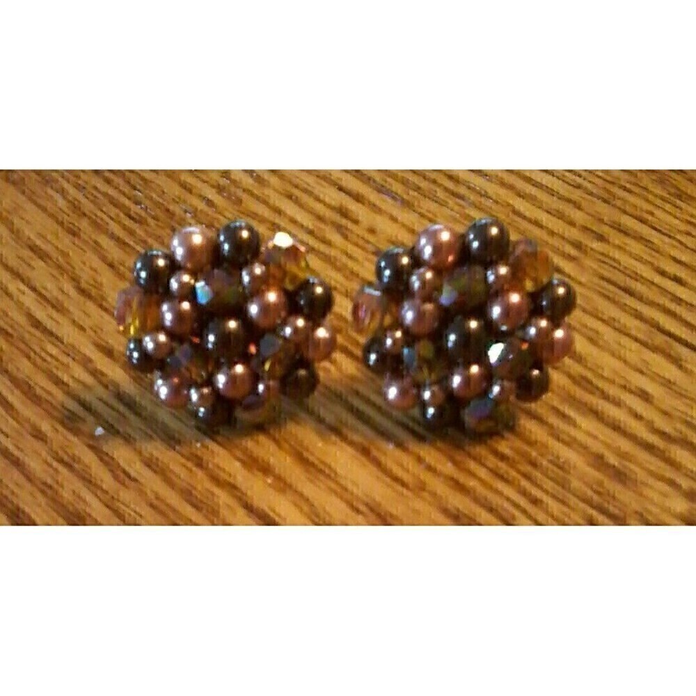 VTG Clip-On Earrings 40s beaded Grandmacore‎ Retro Glam Brown "Copper" "pearl"